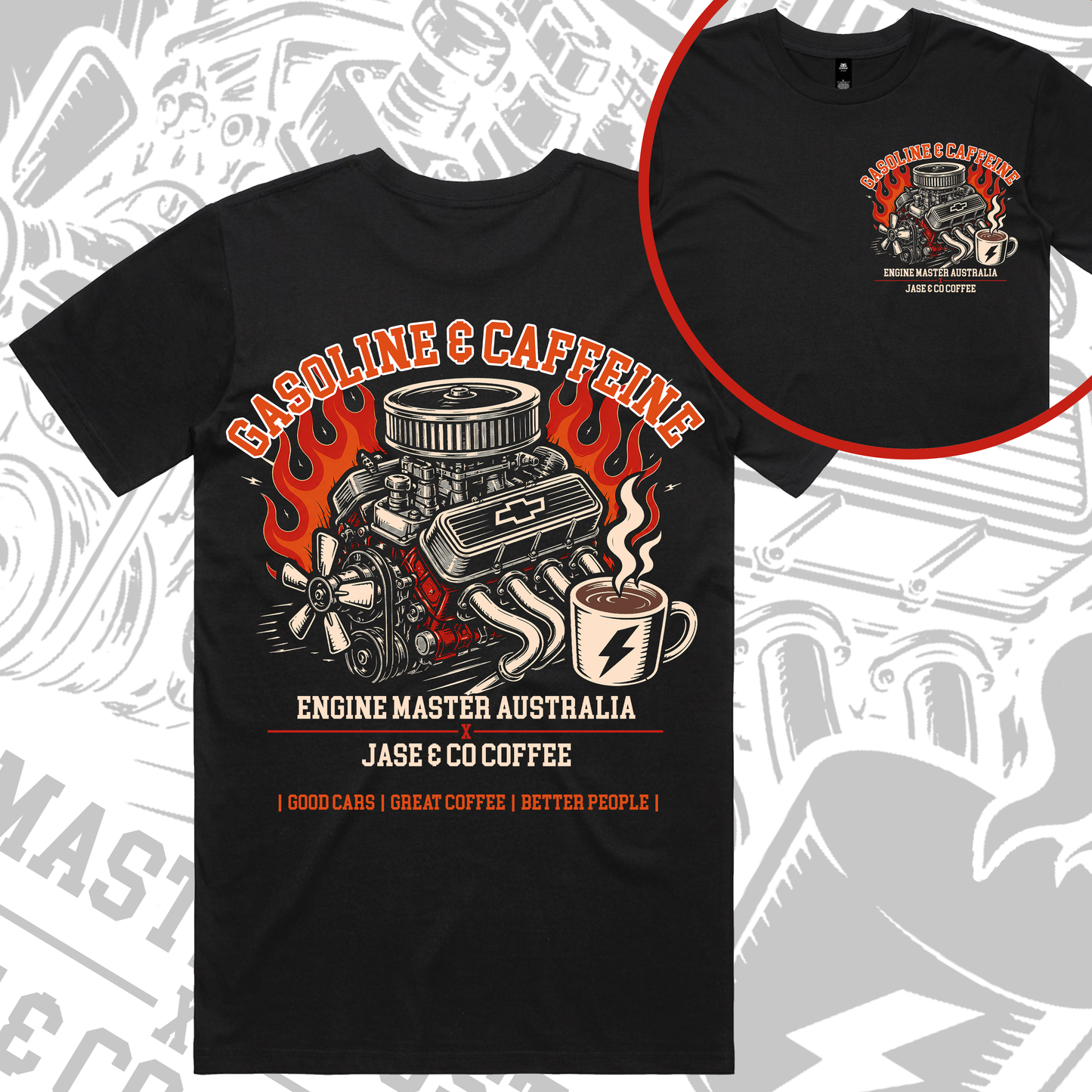 Gasoline & Caffeine Cars n Coffee T-Shirt - Engine Master & Jase & Co Coffee