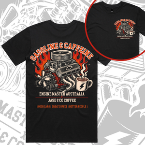 Gasoline & Caffeine Cars n Coffee T-Shirt - Engine Master & Jase & Co Coffee