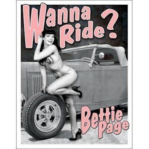 Metal Sign MSI-1791 Bettie Page Wanna Ride 16" x 12.5"